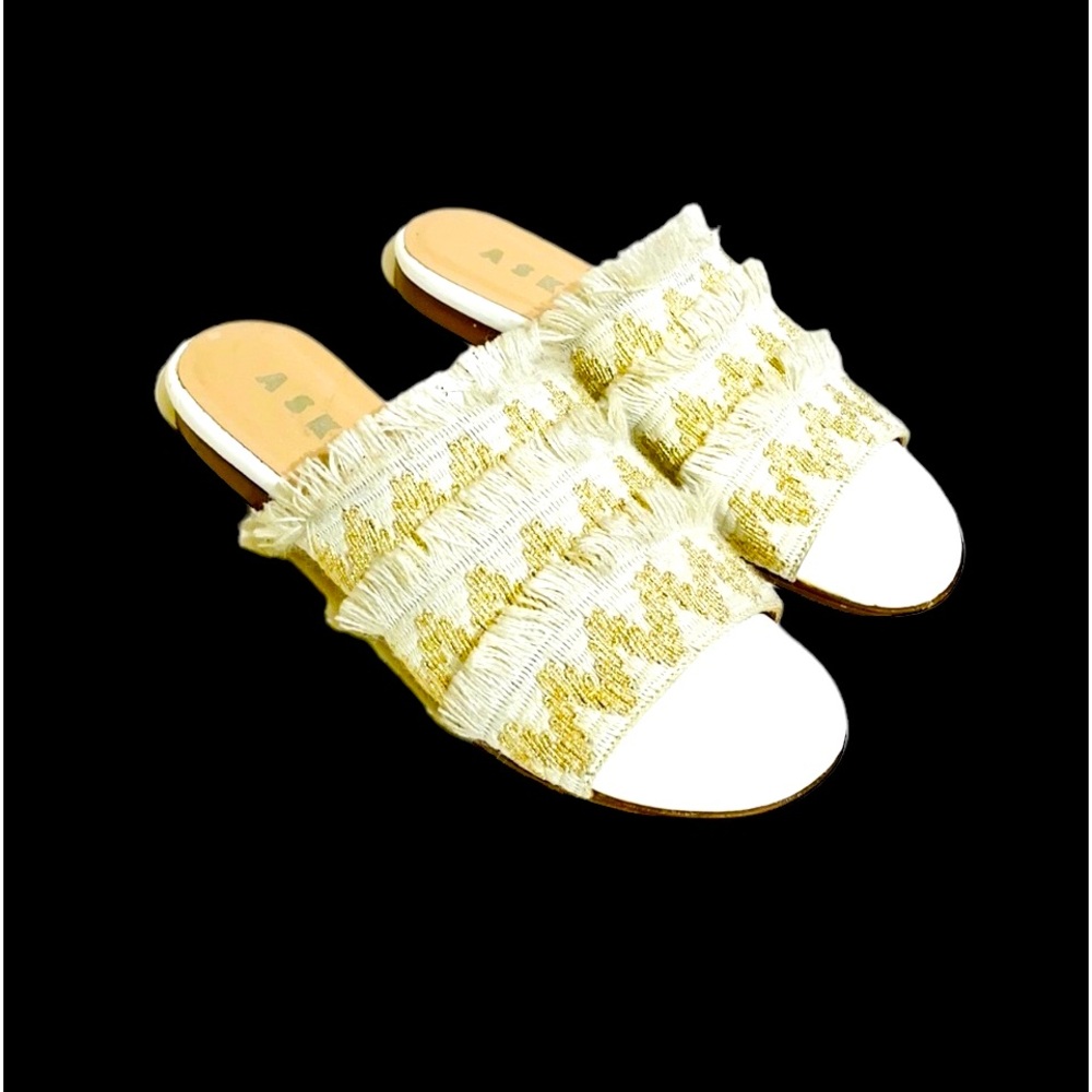Aska Fringed Beige & Gold Embellished Slip on Sandal Size US 8 EU39
